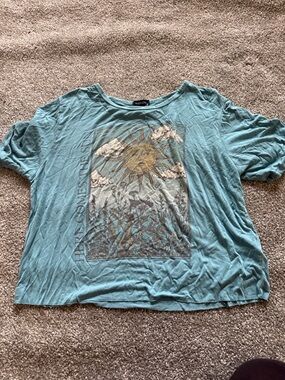 Teal Graphic Crop Top with Sun Artwork